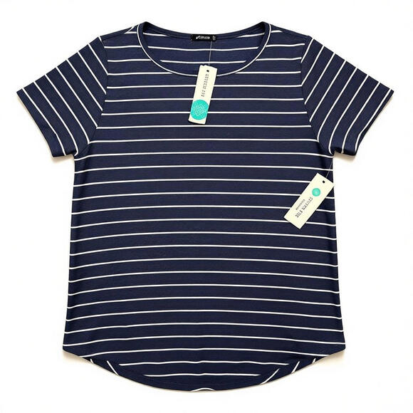 Tops - Pink Clover Top Womens L Navy White Stripe Short Sleeve Crewneck Button Back NWT